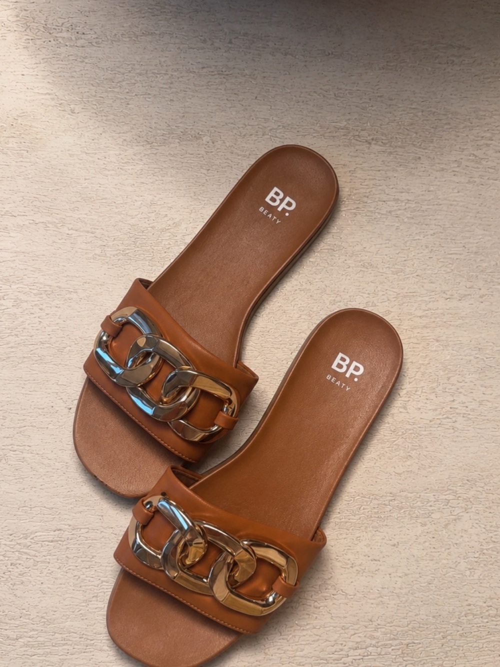 bp Tan Slide Sandals with Gold Chain Accent